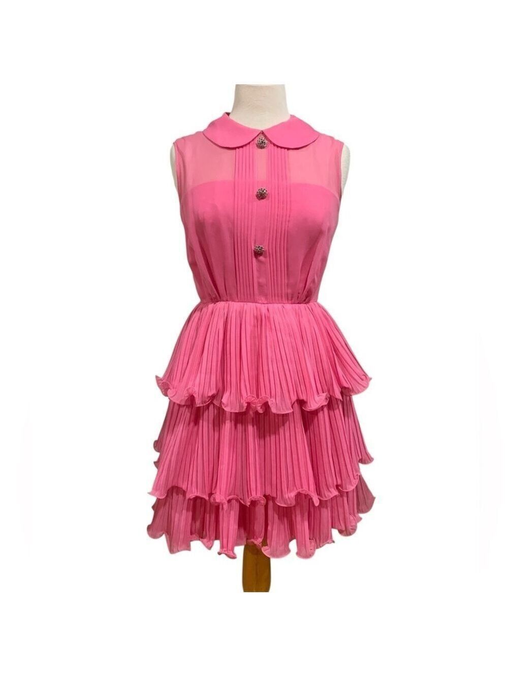 Vntg 60’s pink sleeveless tiered ruffle skirt midi dress with Peter Pan collar